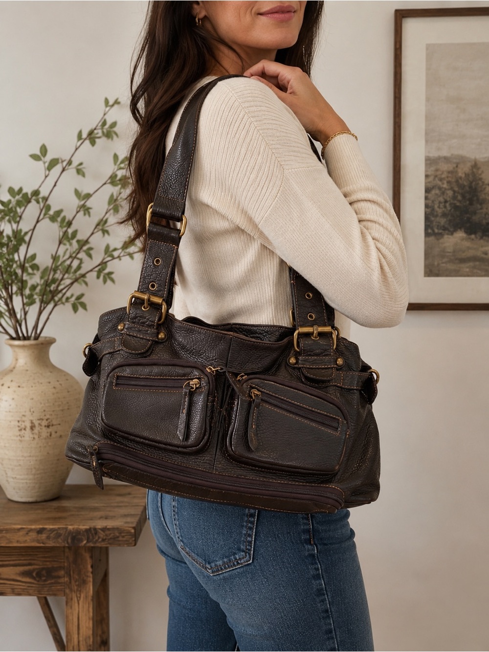Frédéric Paris Genuine Leather Multi-Pocket Shoulder Tote Bag